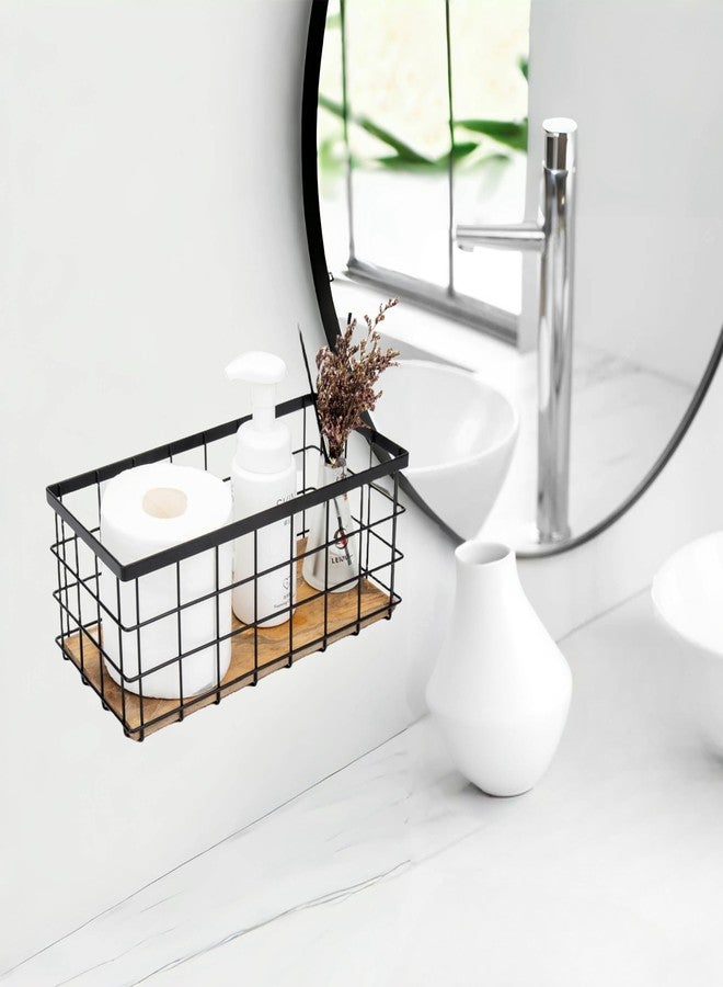 TIEYIPIN Black Metal Wire Storage Baskets with Wood Bottoms, Bathroom Storage Organizer Basket Bins, Set of 2 - Includes 2 Bonus Adhesive Hooks for Easy Wall Mounting - Image 2