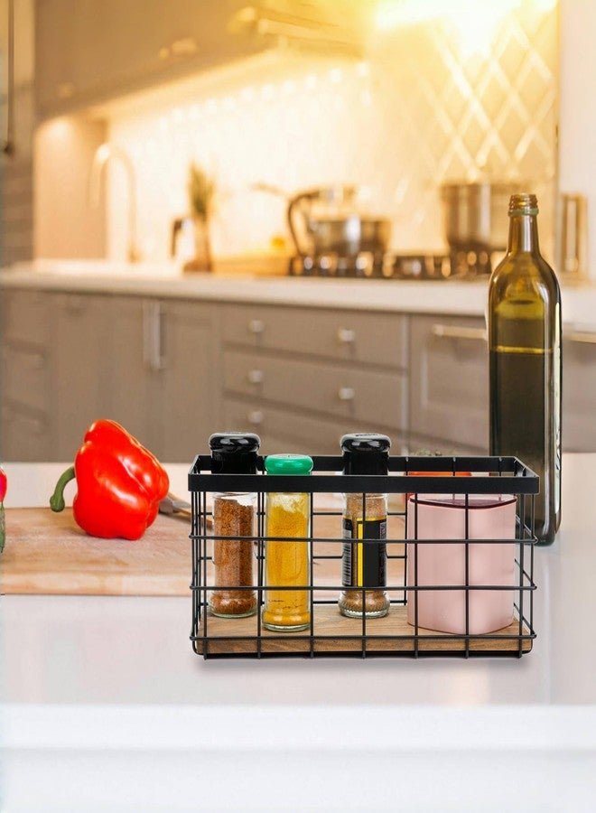 TIEYIPIN Black Metal Wire Storage Baskets with Wood Bottoms, Bathroom Storage Organizer Basket Bins, Set of 2 - Includes 2 Bonus Adhesive Hooks for Easy Wall Mounting - Image 3