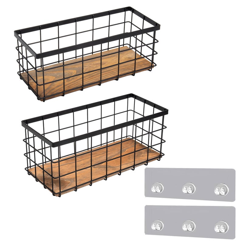 TIEYIPIN Black Metal Wire Storage Baskets with Wood Bottoms, Bathroom Storage Organizer Basket Bins, Set of 2 - Includes 2 Bonus Adhesive Hooks for Easy Wall Mounting - Image 1