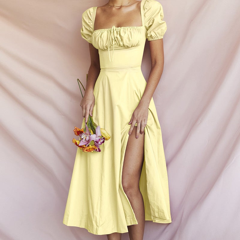 2025 Summer European American Fashion High Waist Solid Color Puff Sleeve Off Shoulder Dress - Image 3