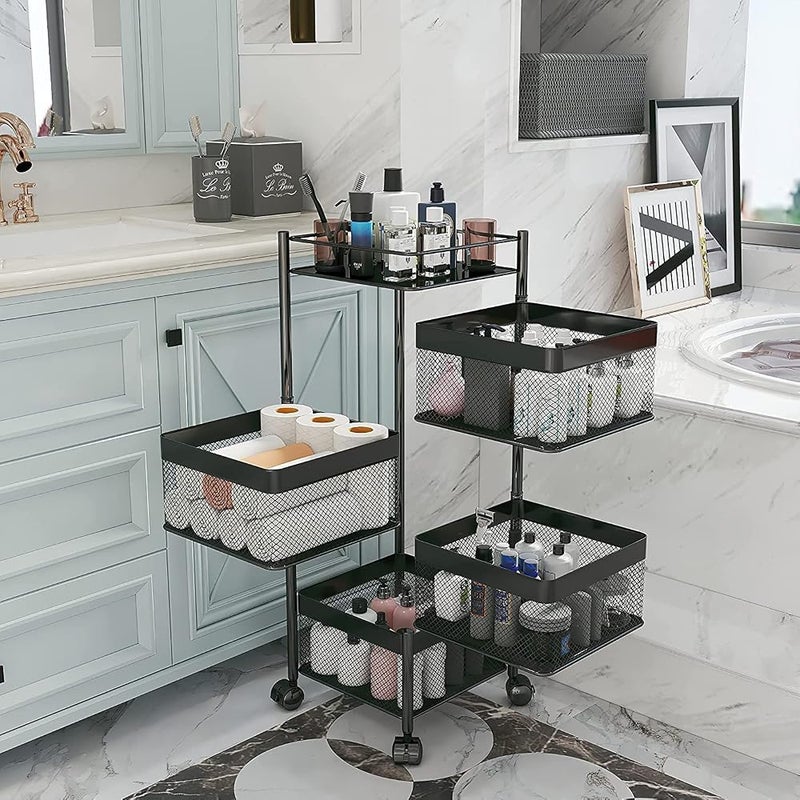 SHOWAY ECVV 360° Kitchen Rotating Vegetable Rack, Movable Floor-Standing 3 Layers Kitchen Storage Rack Trolleys, Household Storage Shelf with Hollow Mesh Basket for Kitchen Living Room Bathroom Bedroom - Image 3