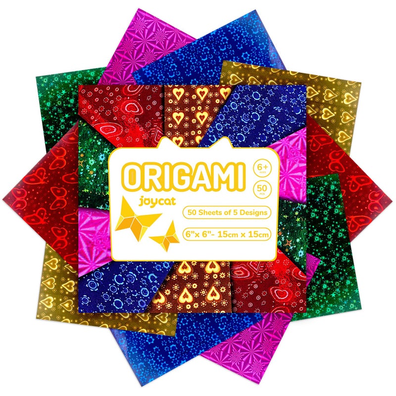 JoyCat Iridescent Laser Origami Paper - 50 Sheets 6x6 Inch - holographic Shimmer Paper for Eye-Catching Crafts, Ideal for Scrapbooking, Card Making and DIY Crafts, Gift wrapping paper, metallic origami paper - Image 1