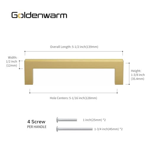 goldenwarm 5in Cabinet Handle Brushed Brass Drawer Pulls - LSJ12GD128 Cabinet Bar Handle Pull Pack of 5 Modern Knobs for Dresser Drawers Furniture Cupboard Door Handles - Image 2