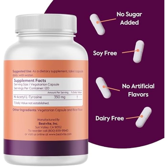 BESTVITE N-Acetyl L-Tyrosine 350mg (NALT) (120 Capsules) - No Stearates - Non GMO - Gluten Free - Image 2