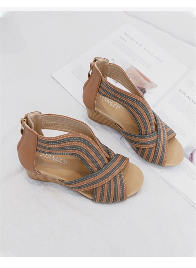 Loquat Vintage Casual Large Wedge Heel Sandals 5CM Brown - Image 3
