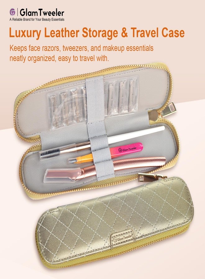 GlamTweeler Women's Dermaplane Face & Eyebrow Razor Kit with GlamTweeler Slant Tweezers, Spoolie Brush, and Luxury Leather Storage & Travel Case + 10 Refill Blades (Rose Gold - Image 5