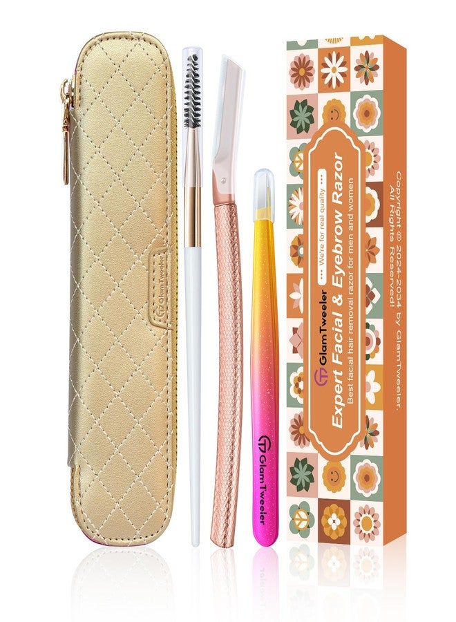 GlamTweeler Women's Dermaplane Face & Eyebrow Razor Kit with GlamTweeler Slant Tweezers, Spoolie Brush, and Luxury Leather Storage & Travel Case + 10 Refill Blades (Rose Gold - Image 1
