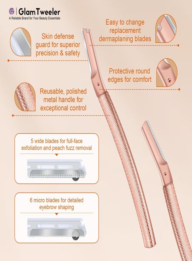 GlamTweeler Women's Dermaplane Face & Eyebrow Razor Kit with GlamTweeler Slant Tweezers, Spoolie Brush, and Luxury Leather Storage & Travel Case + 10 Refill Blades (Rose Gold - Image 2