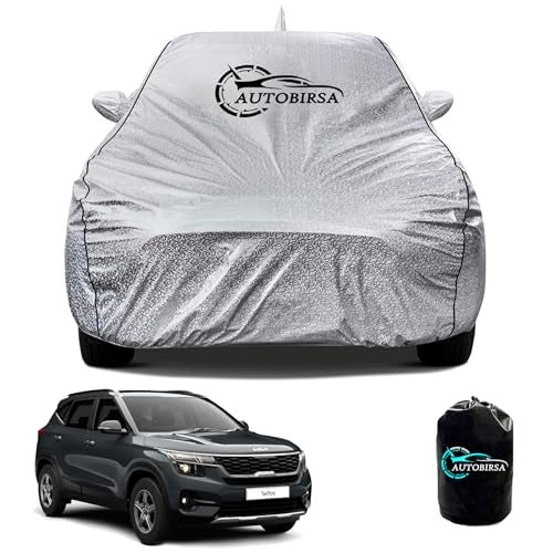 AUTOBIRSA Waterproof Car Body Cover for Kia Seltos with Mirror and Antenna Pocket and Soft Cotton Lining (4 Side Elastic Triple Stitched & Metallic Silver with Black Piping Style) - Image 1
