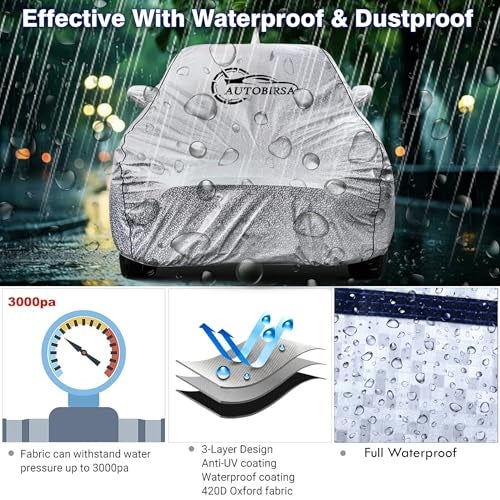 AUTOBIRSA Waterproof Car Body Cover for Kia Seltos with Mirror and Antenna Pocket and Soft Cotton Lining (4 Side Elastic Triple Stitched & Metallic Silver with Black Piping Style) - Image 4
