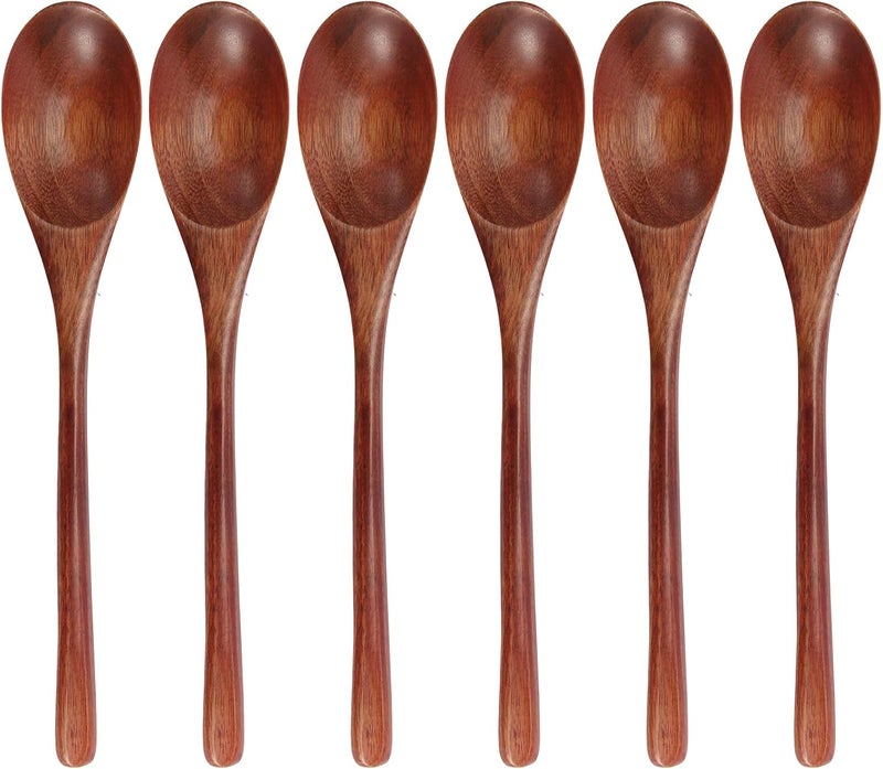 ADLORYEA Wooden Spoons, 6 Pieces 9 Inch Wood Soup Spoons for Eating Mixing Stirring, Long Handle Spoon with Japanese Style Kitchen Utensil, Eco Friendly Table Spoon (Nanmu, 9 Inch) - Image 1
