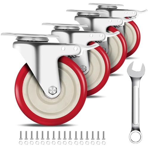 PUIPUM 5 Inch Heavy Duty Caster Set of 4, Swivel Plate Castor Wheels with Dual Locking Brakes, Silent Polyurethane (PU) Wheels, 360 Rotation, 2800lbs Load Capacity - Image 1