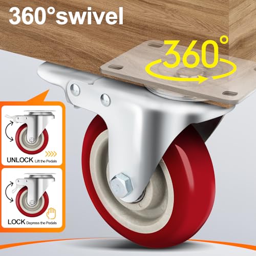 PUIPUM 5 Inch Heavy Duty Caster Set of 4, Swivel Plate Castor Wheels with Dual Locking Brakes, Silent Polyurethane (PU) Wheels, 360 Rotation, 2800lbs Load Capacity - Image 5