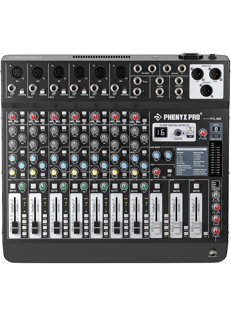 Phenyx Pro PTL-800 Professional 8-Channel Audio Mixer Console DJ Sound Mixing Board w/Flexible AUX BUS SUB Routing 16 DSP Effects Bluetooth Streaming USB-B Recording for Stage Home Studio - Image 1