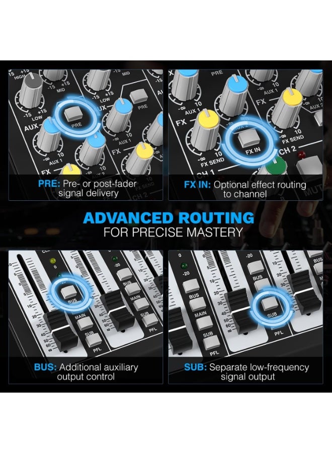 Phenyx Pro PTL-800 Professional 8-Channel Audio Mixer Console DJ Sound Mixing Board w/Flexible AUX BUS SUB Routing 16 DSP Effects Bluetooth Streaming USB-B Recording for Stage Home Studio - Image 3