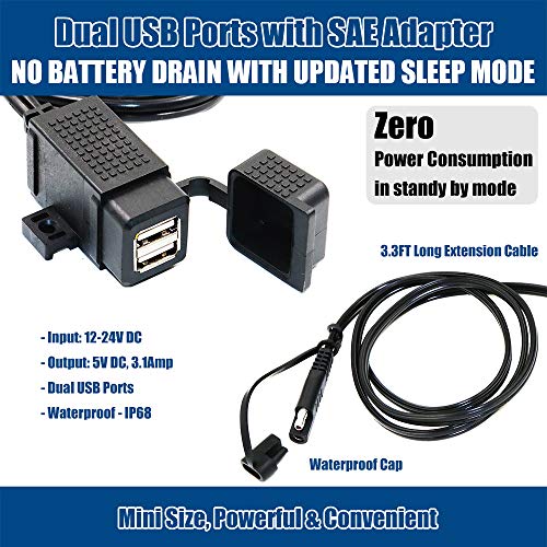 MOTOPOWER MP0609C 3.1Amp Waterproof Motorcycle Dual USB Charger Kit SAE to USB Adapter Cable Phone Tablet GPS Charger - Image 2