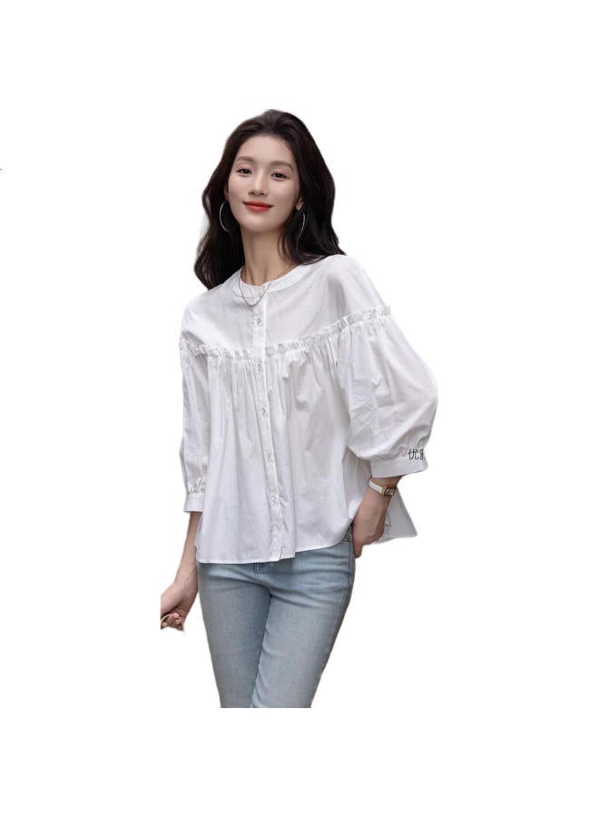 dme Trailer】Summer French Style Pure Cotton Pleated Wrinkled Shirt With Ruffle Bubble Sleeves Women'S Blouse - Image 1
