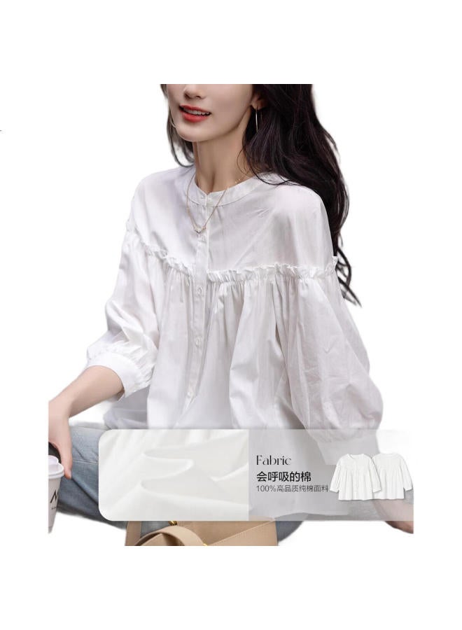 dme Trailer】Summer French Style Pure Cotton Pleated Wrinkled Shirt With Ruffle Bubble Sleeves Women'S Blouse - Image 3