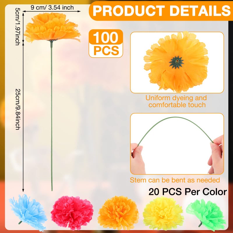 Cindeer 100 Pack Artificial Marigold Flower with Stems Mexican False Flowers Cinco De Mayo DIY Marigold Garlands for Dia De Los Muertos Fiesta Party Traditional Decorations(Bright Colors)  - Image 2