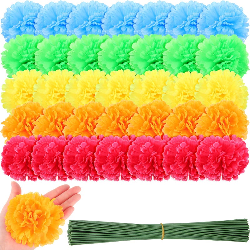 Cindeer 100 Pack Artificial Marigold Flower with Stems Mexican False Flowers Cinco De Mayo DIY Marigold Garlands for Dia De Los Muertos Fiesta Party Traditional Decorations(Bright Colors)  - Image 1