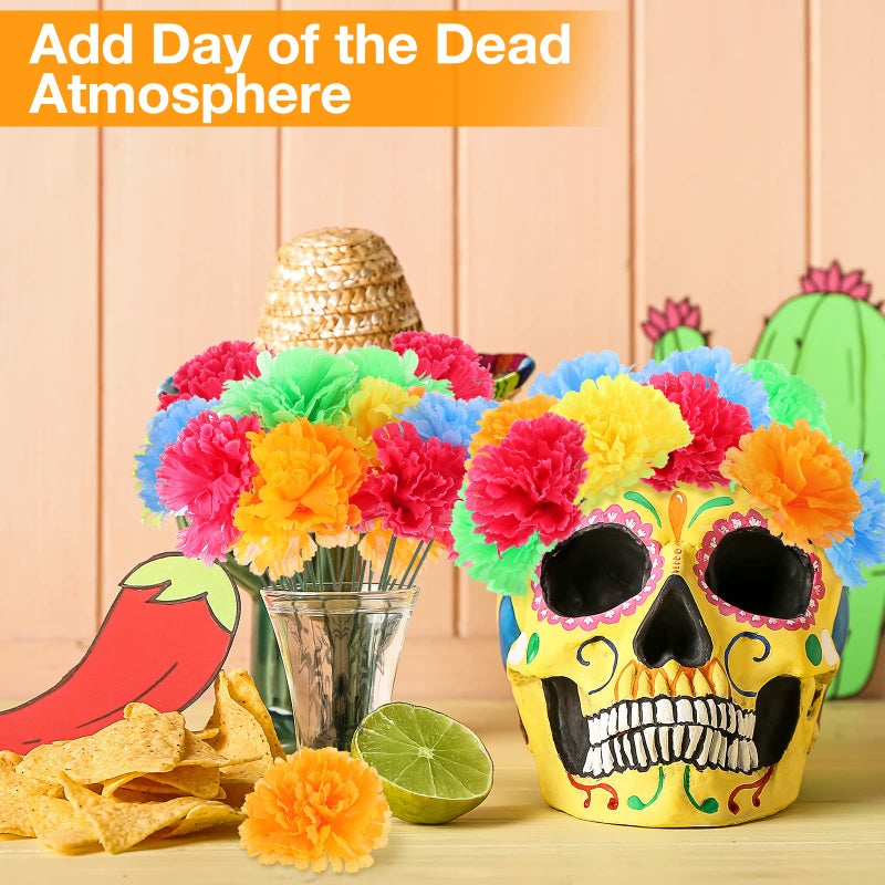 Cindeer 100 Pack Artificial Marigold Flower with Stems Mexican False Flowers Cinco De Mayo DIY Marigold Garlands for Dia De Los Muertos Fiesta Party Traditional Decorations(Bright Colors)  - Image 4