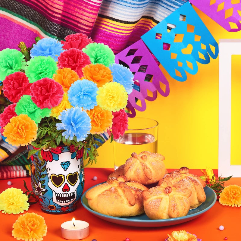 Cindeer 100 Pack Artificial Marigold Flower with Stems Mexican False Flowers Cinco De Mayo DIY Marigold Garlands for Dia De Los Muertos Fiesta Party Traditional Decorations(Bright Colors)  - Image 3