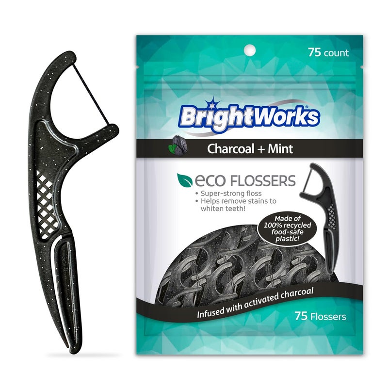 Brightworks ECO Sustainable Floss Picks 225 Count PFAS Free Made in USA Charcoal Mint Infused 100 PostConsumer Recycled Plastic with MicroCrystals for Oral Care Hygiene Gum Health