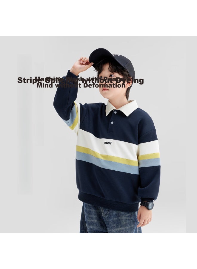 Zuoxi Boys' Polo Shirt Sweatshirt New Trendy Children's Striped Color-blocked Pullover Navy Blue 150 - Image 2