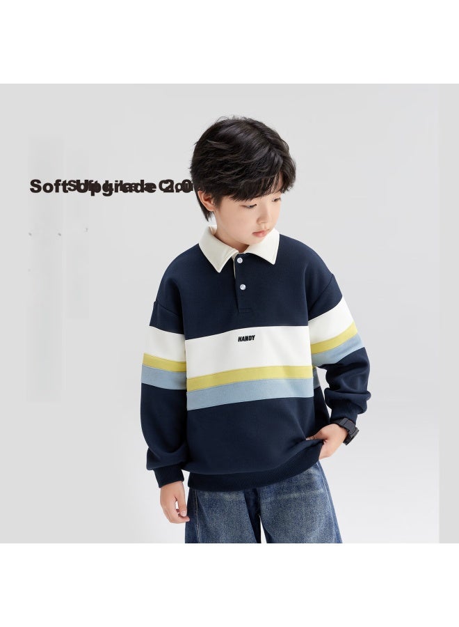 Zuoxi Boys' Polo Shirt Sweatshirt New Trendy Children's Striped Color-blocked Pullover Navy Blue 150 - Image 1