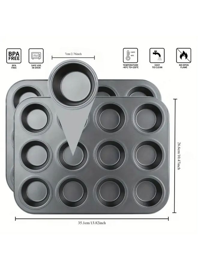Nonstick Carbon Steel Muffin Pan 12 Cup Cupcake Tray Black Brownie Bakeware for Kitchen Oven - Image 2