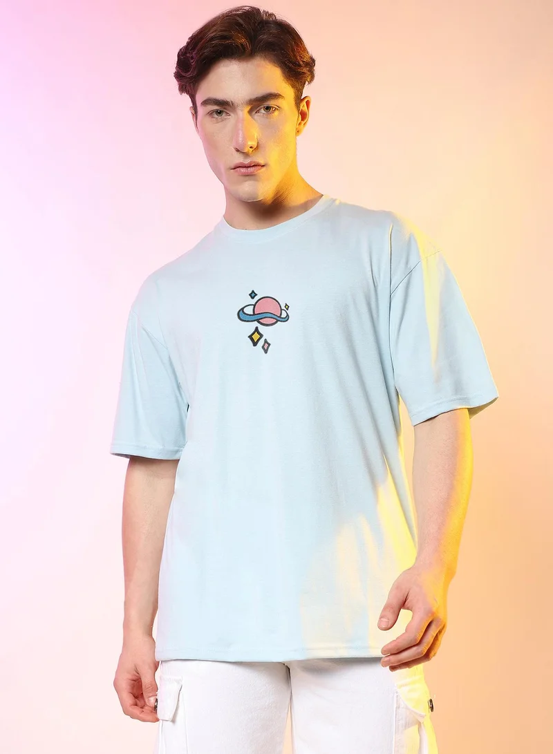 Campus Sutra Campus Sutra Men's Powder Blue Printed Oversized Basic T-Shirt