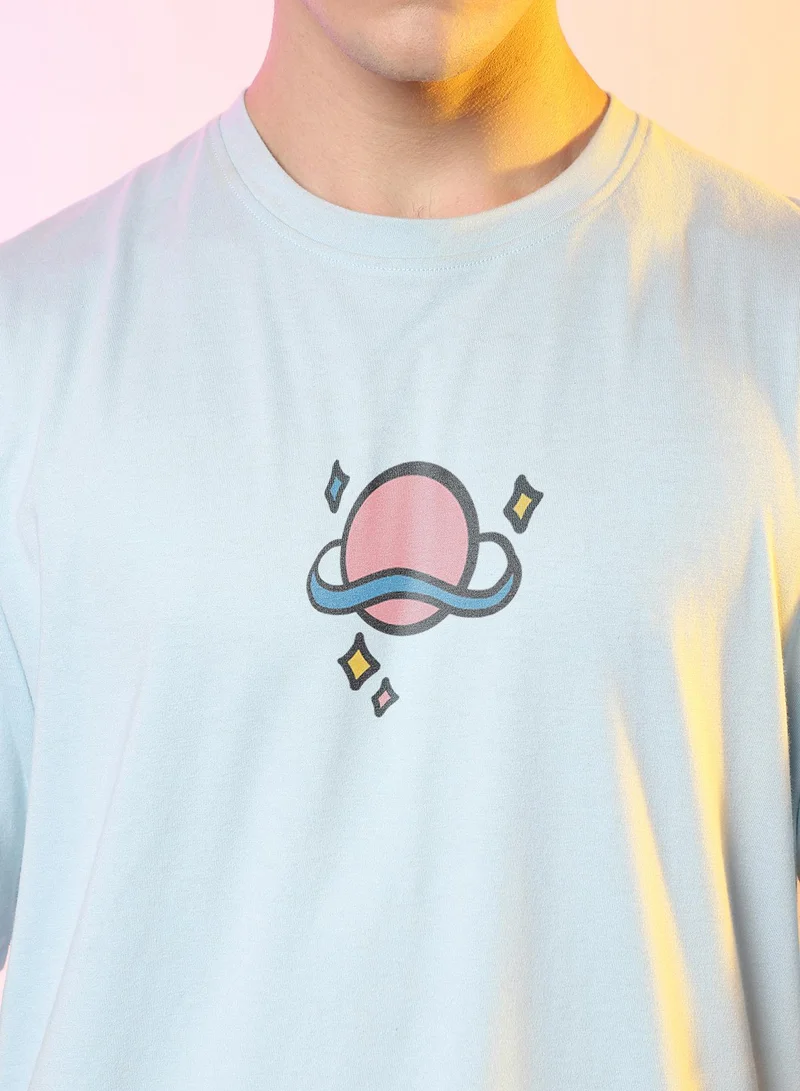 Campus Sutra Campus Sutra Men's Powder Blue Printed Oversized Basic T-Shirt