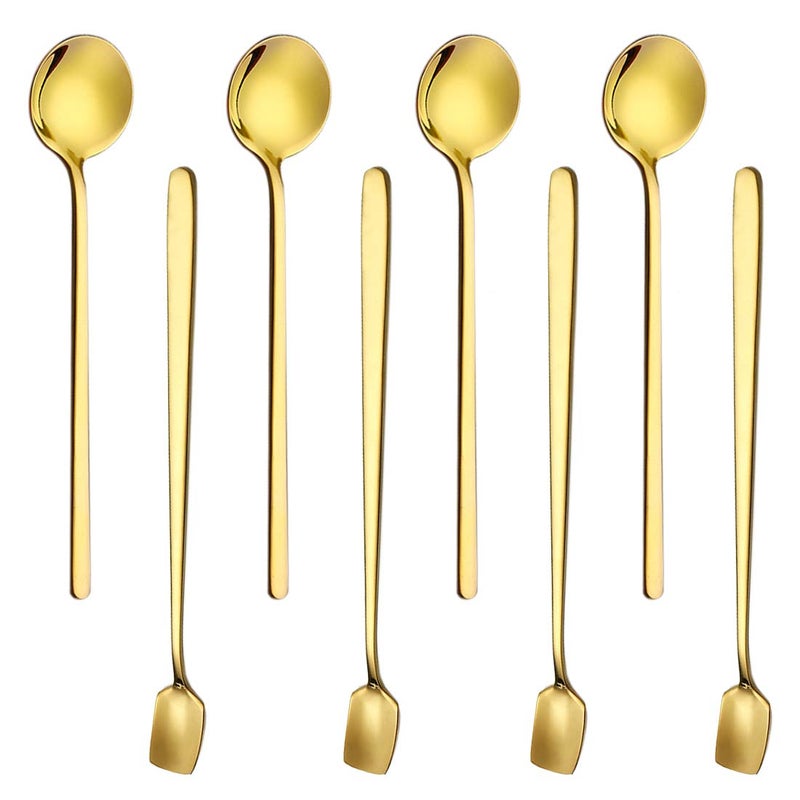 ACKLLR 8 Pack Gold Plated Stainless Steel Espresso Spoons and Long Handle Stirring Spoon Mini Teaspoon Set for Coffee Sugar Dessert Cake Ice Cream Soup Antipasto Cappuccino Cocktail 5159 Inch