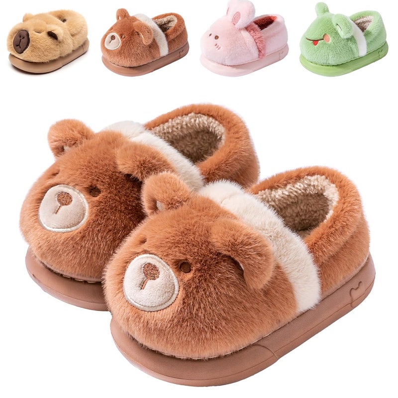Drecage Toddler Kids Slippers Girls Boys House Shoes Winter Slippers Plush Warm Soft with Cute Cartoon Design Indoor Shoes 316 Brown Bear 11.5-12 Little Kid - Image 1