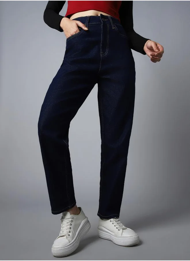 HIGH STAR High Rise Solid Mom Fit Jeans by Styli