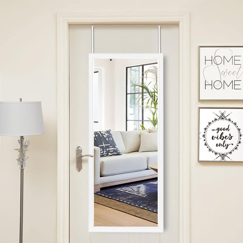 NeuType 43x18 Over The Door Full Length Mirror Door Wall Mirror Wall Mount Over The Door Hanging Mirror with 2 Metal Hangers for Wall Bedroom Bathroom Living Room Home Decoration White