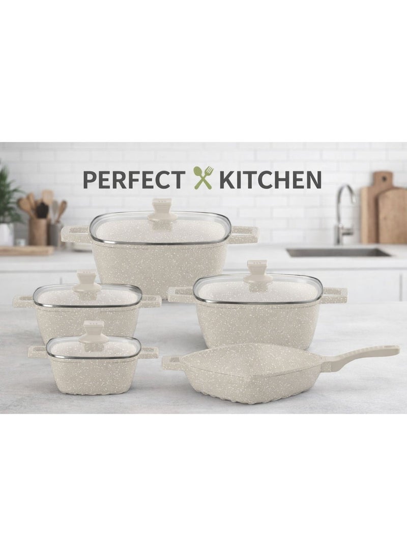 PERFECT KITCHEN 9-piece non-stick cookware set (includes pots, pans, and lids) - Beige and white - Image 2