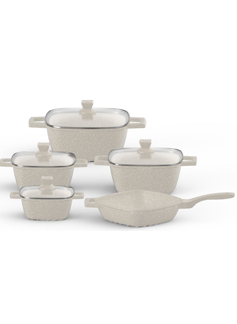 PERFECT KITCHEN 9-piece non-stick cookware set (includes pots, pans, and lids) - Beige and white - Image 3