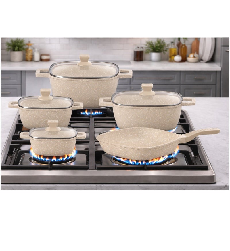PERFECT KITCHEN 9-piece non-stick cookware set (includes pots, pans, and lids) - Beige and white - Image 1