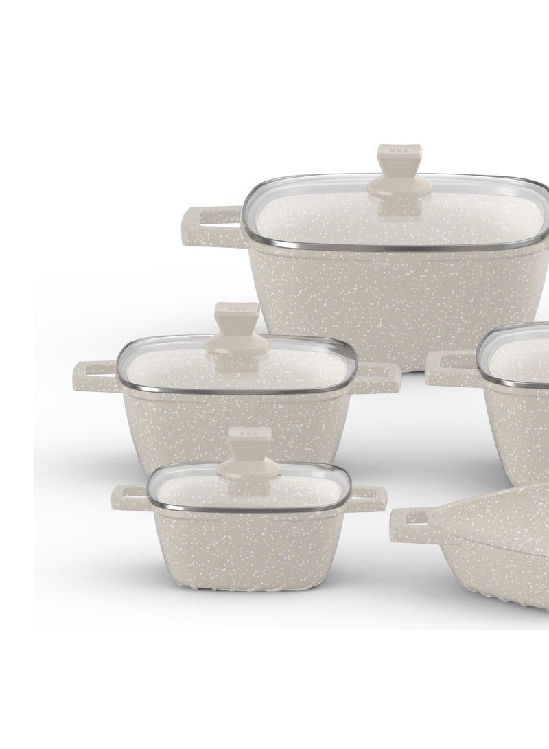 PERFECT KITCHEN 9-piece non-stick cookware set (includes pots, pans, and lids) - Beige and white - Image 5