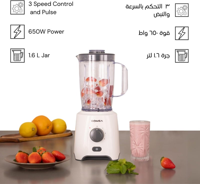 دوميا خلاط DOMEA مزدوج الوظيفة (خلاط ومطحن)، محرك سرعة عالية 650 واط، وعاء الخلط سعة 1.6 لتر + وعاء المطحن سعة 300 مل، سرعتان + وظيفة النبض، شفرات من الفولاذ المقاوم للصدأ، يمكنه سحق الثلج وطحن القهوة والتوابل والمكسرات، وخلط السموذي والعصائر. - Image 2