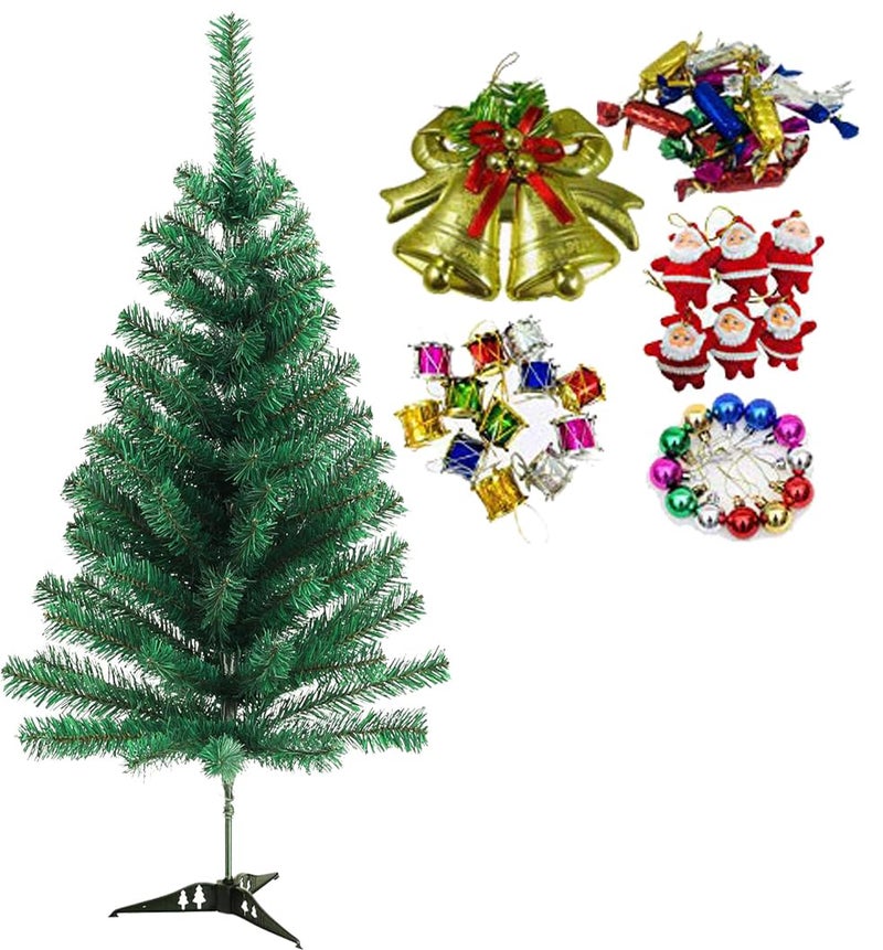 Evisha 3 Feet Long Artificial Christmas Tree and 12 Balls 12 Drum 6 Santa 12 Toffee One Bell 43 Pcs Hanging XMass Christmas Decoration - Image 1