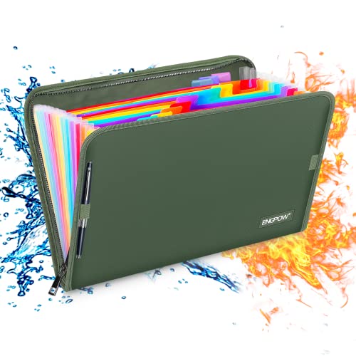 ENGPOW 13 Pocket Expanding File Folder,Fireproof Accordion File Folder Document Organizer with Zipper Closure,Document Folder Safe with Colorful Tabs,A4 Letter Size for Travel,Home,Office,Green - Image 1