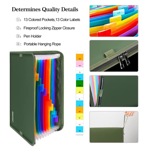 ENGPOW 13 Pocket Expanding File Folder,Fireproof Accordion File Folder Document Organizer with Zipper Closure,Document Folder Safe with Colorful Tabs,A4 Letter Size for Travel,Home,Office,Green - Image 4