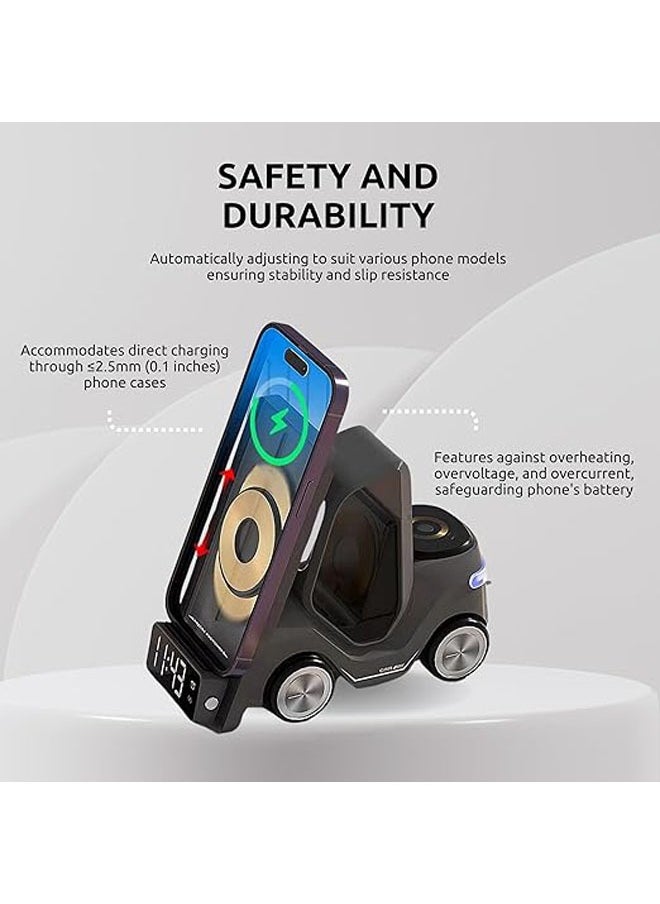 Empty Room Forklift 15W Wireless Charging Station with Alarm Clock, 5-in-1 Charging Dock Dock for iPhone 15 14 13 12 11 Pro Max/X/XS/Apple Watch S2-S7 SE/Airpods