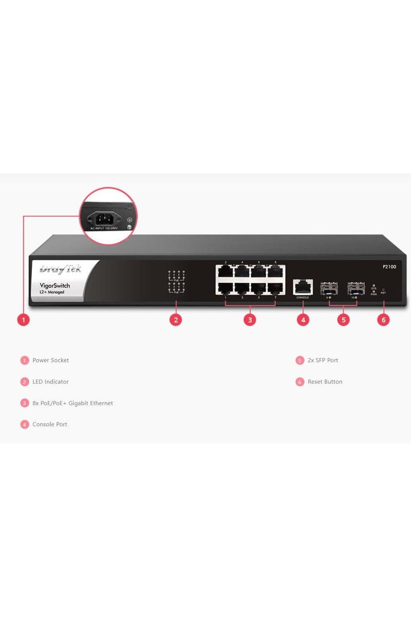 DrayTek VigorSwitch P2100 – 10-Port Managed PoE+ Gigabit Switch with VLAN Routing, SFP Ports & 140W Power Budget – Ideal for Smart Homes & Branch Networks - Image 3