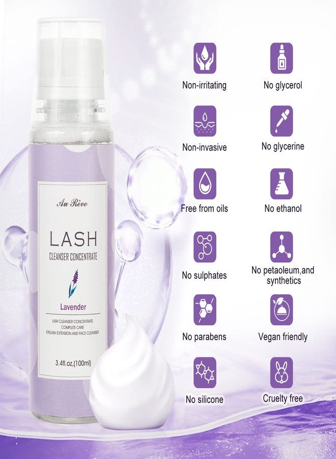 AuReve Eyelash Cleanser Concentrate 100ml Eyelash Extension Cleanser Inside the Eyelash Extension Kit Oil-Free Eyelash Extension Shampoo Perfect for Salon-Can Make Ten 60ml bottles of Lash Shampoo，Lavender - Image 2