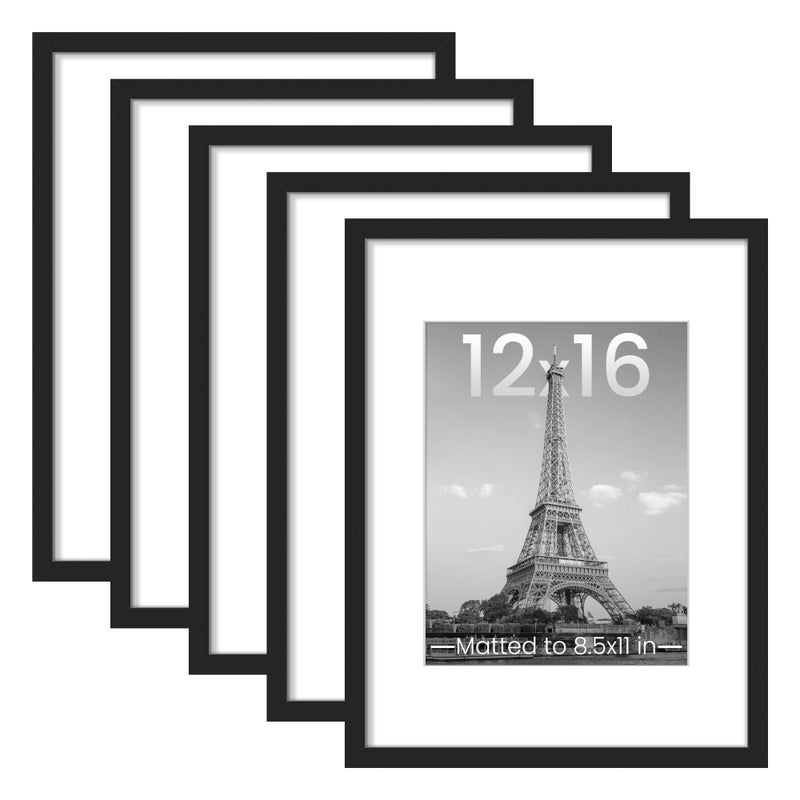 upsimples 12x16 Picture Frame Set of 5, Display Pictures 8.5x11 with Mat or 12 x 16 Without, Wall Gallery Poster Frames, Black - Image 1