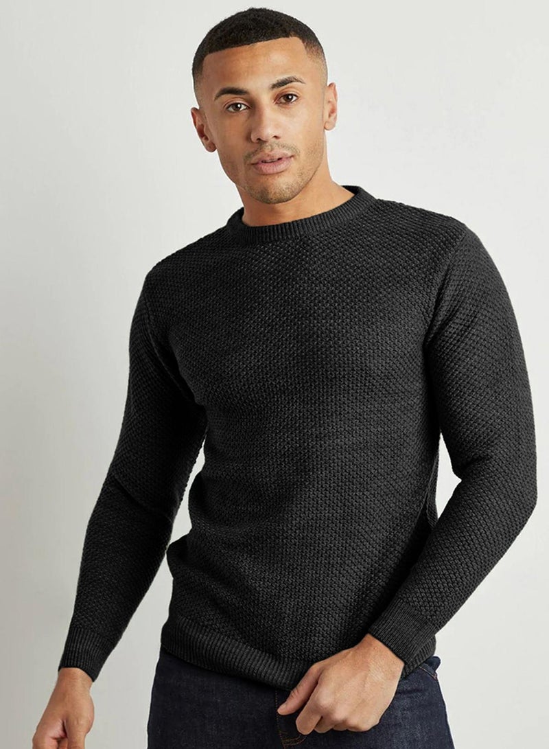 Campus Sutra Men's Onyx Black Solid Knitted Pullover Sweater  - Image 1