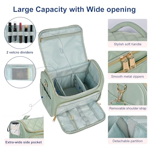 GR69N Travel Toiletry Bag Large Cosmetic Makeup Bag Organizer for Women,Wide-open Make Up Bag Waterproof Makeup Case Travel Bag with Handle and Dividers for Toiletries,Essentials,Accessories,Green - Image 2